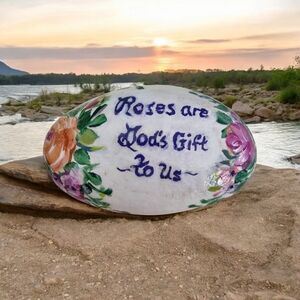 Freehand Painted Inspirational Word Stone with multi colored roses
